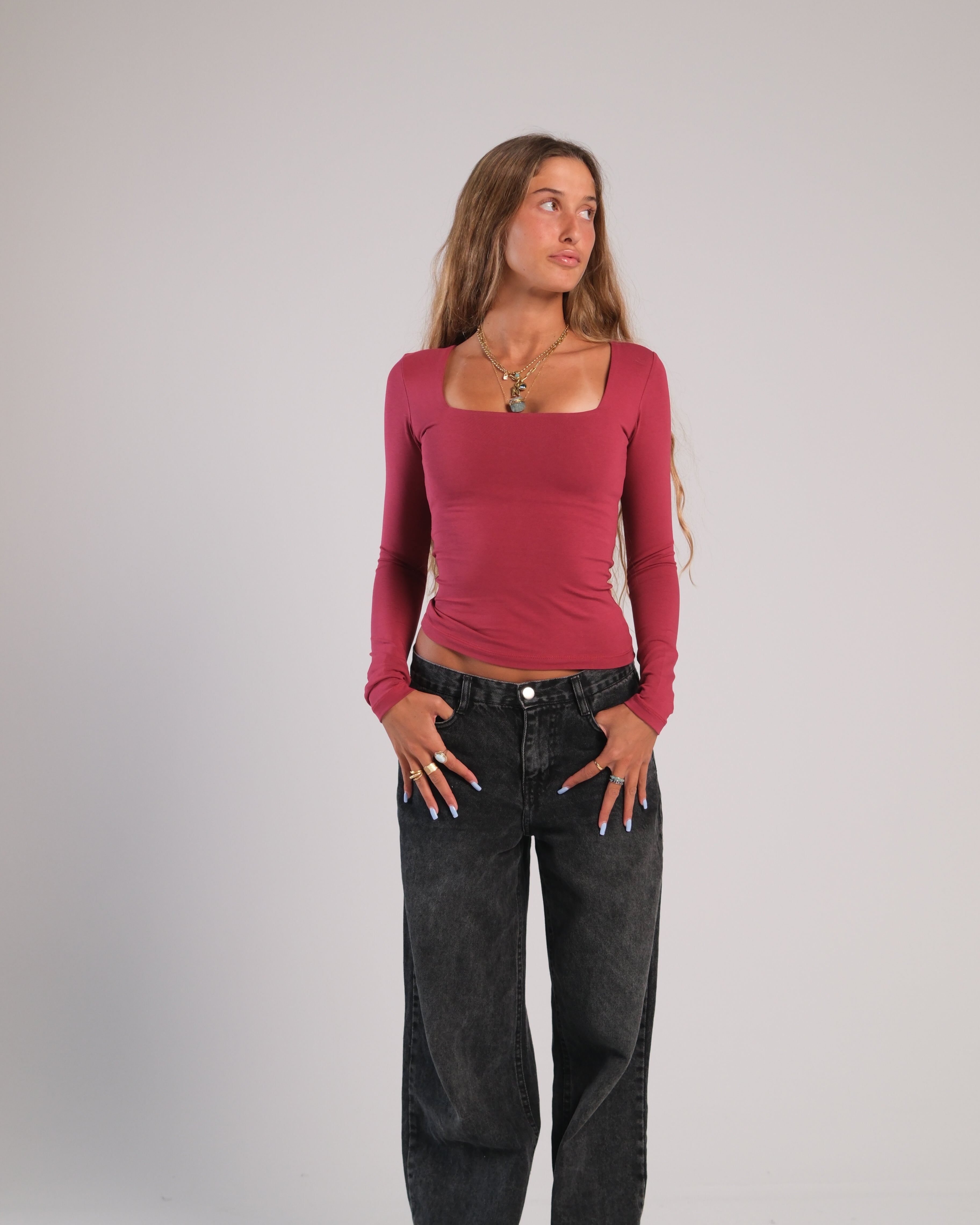 Square Neck Long Sleeve Contour Top