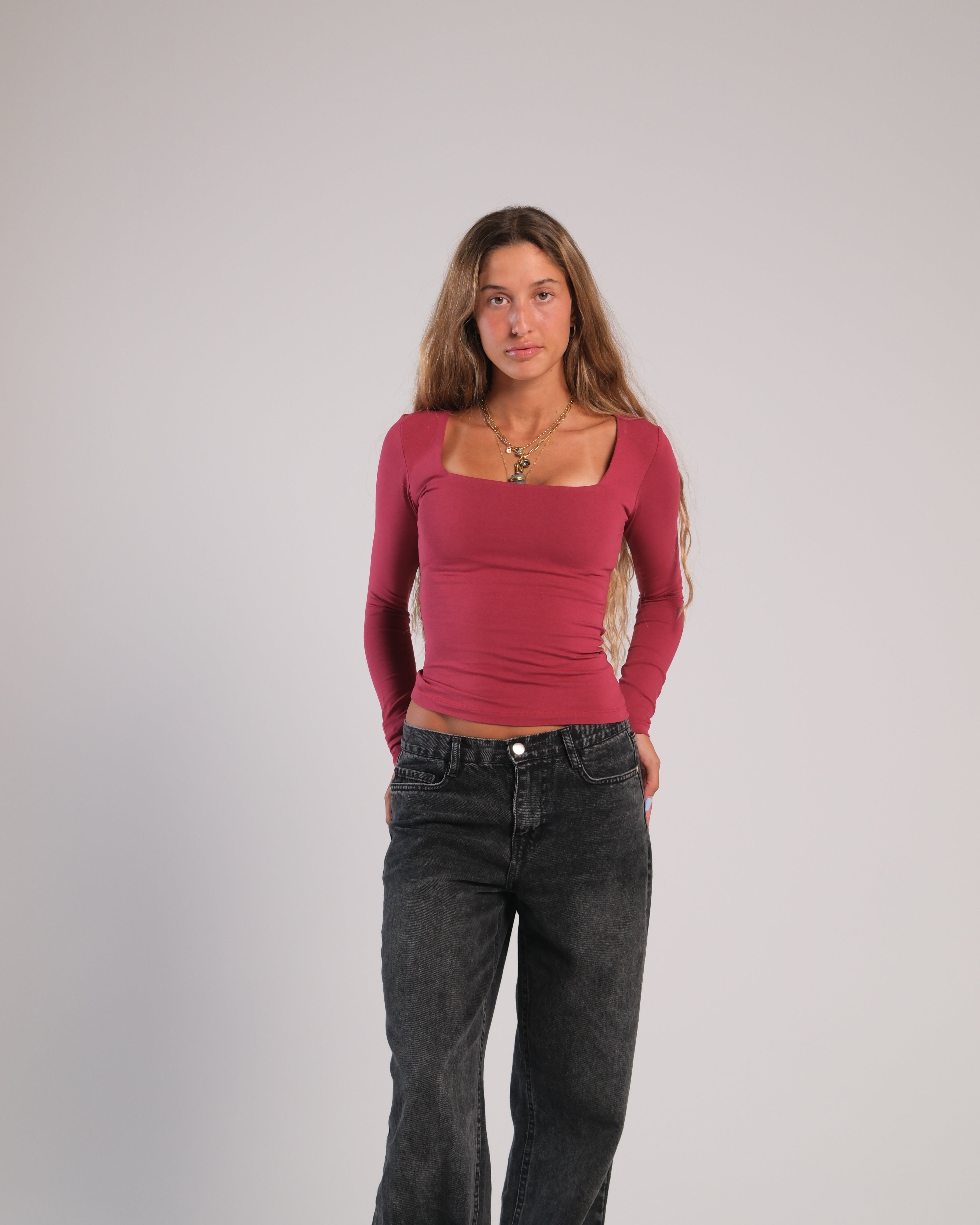 Square Neck Long Sleeve Contour Top