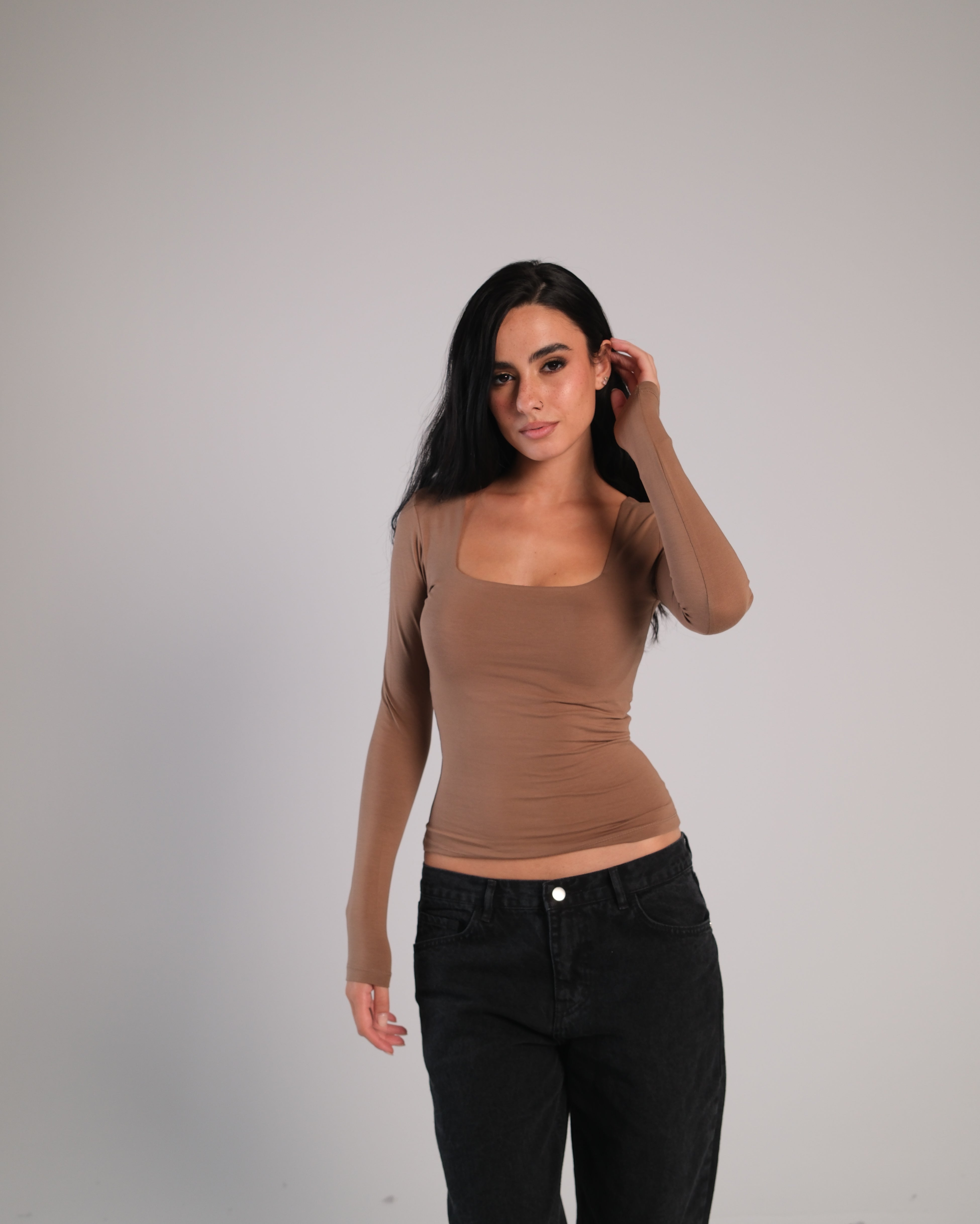 Square Neck Long Sleeve Contour Top