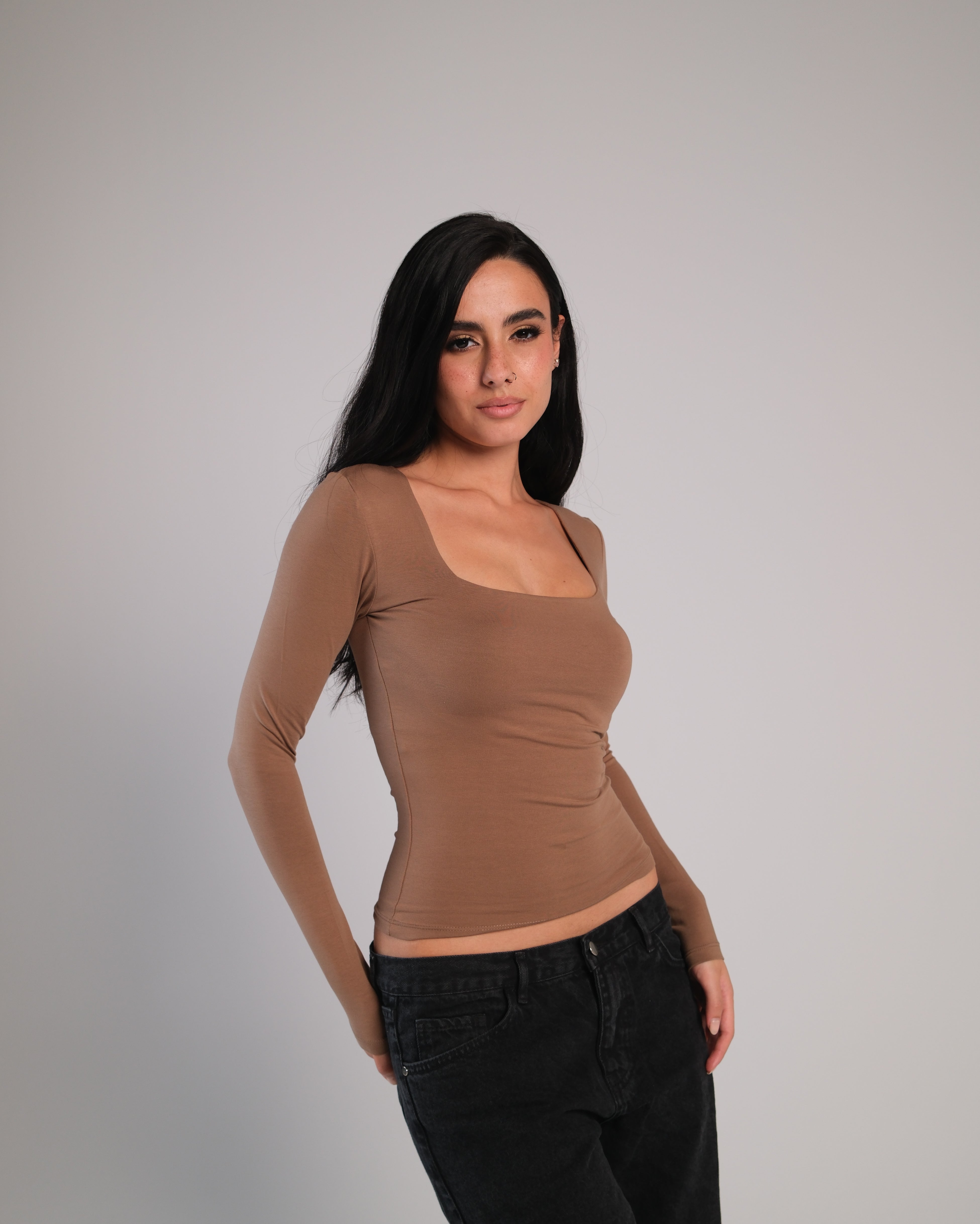 Square Neck Long Sleeve Contour Top