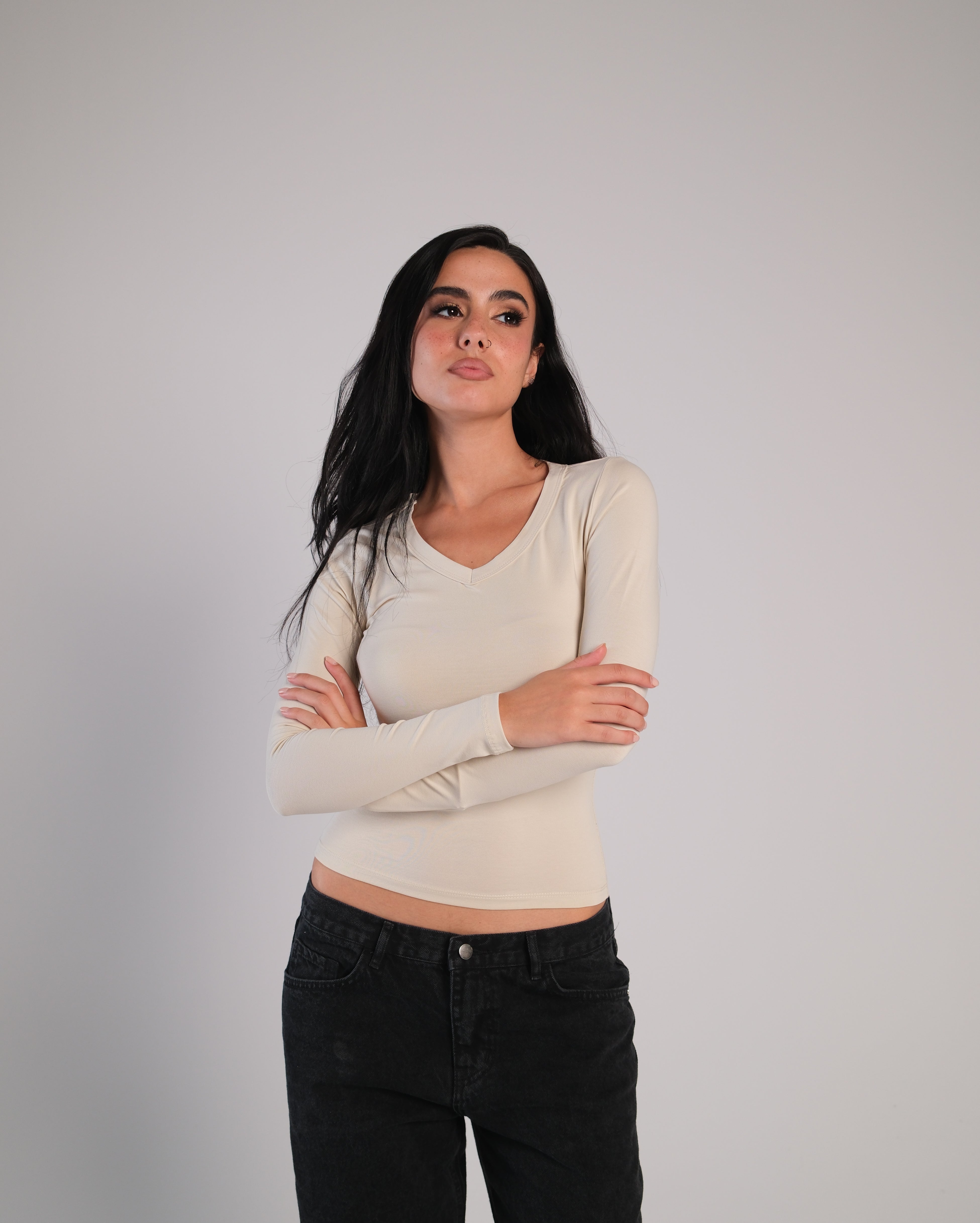 V Neck Long Sleeve Contour Top