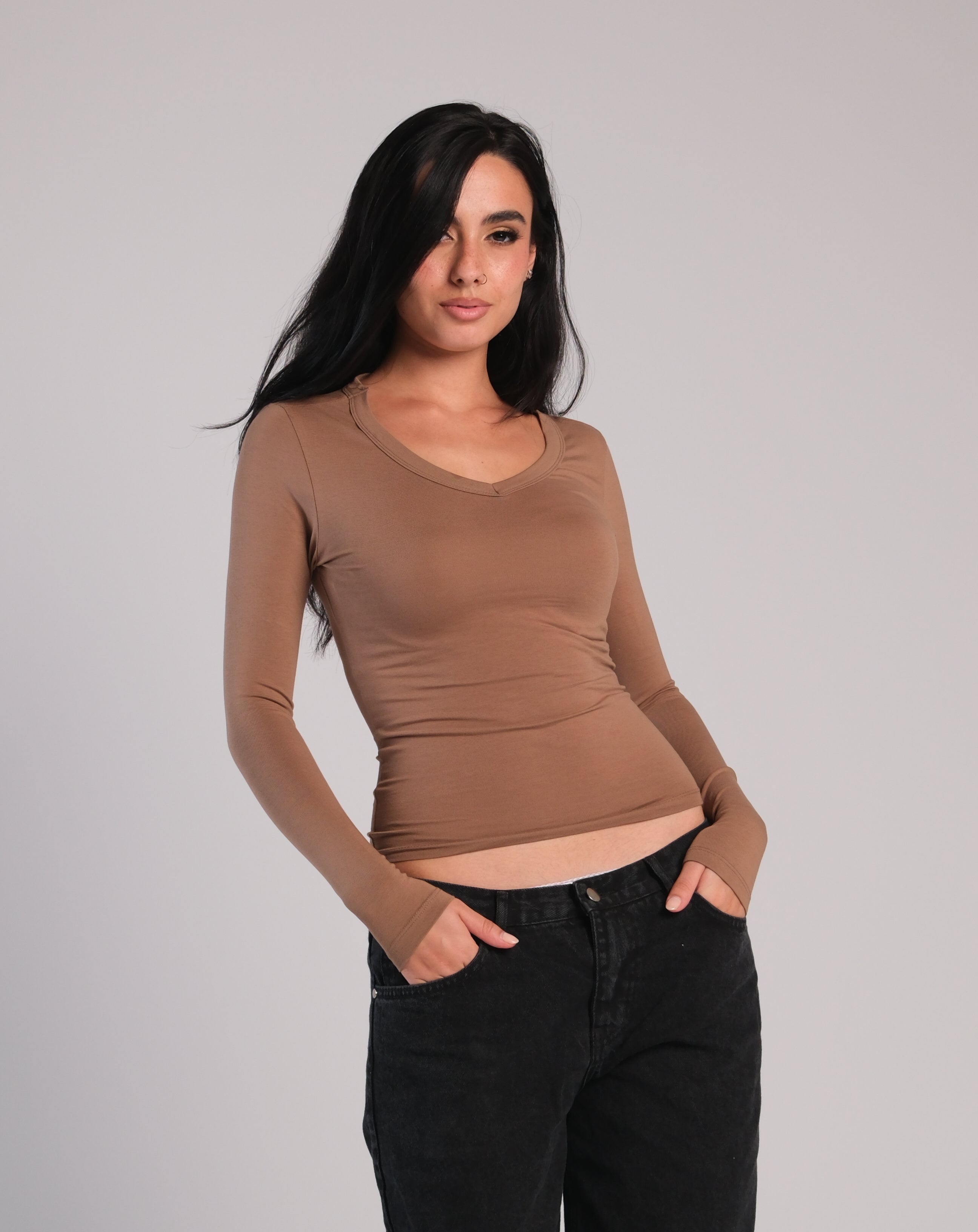 V Neck Long Sleeve Contour Top