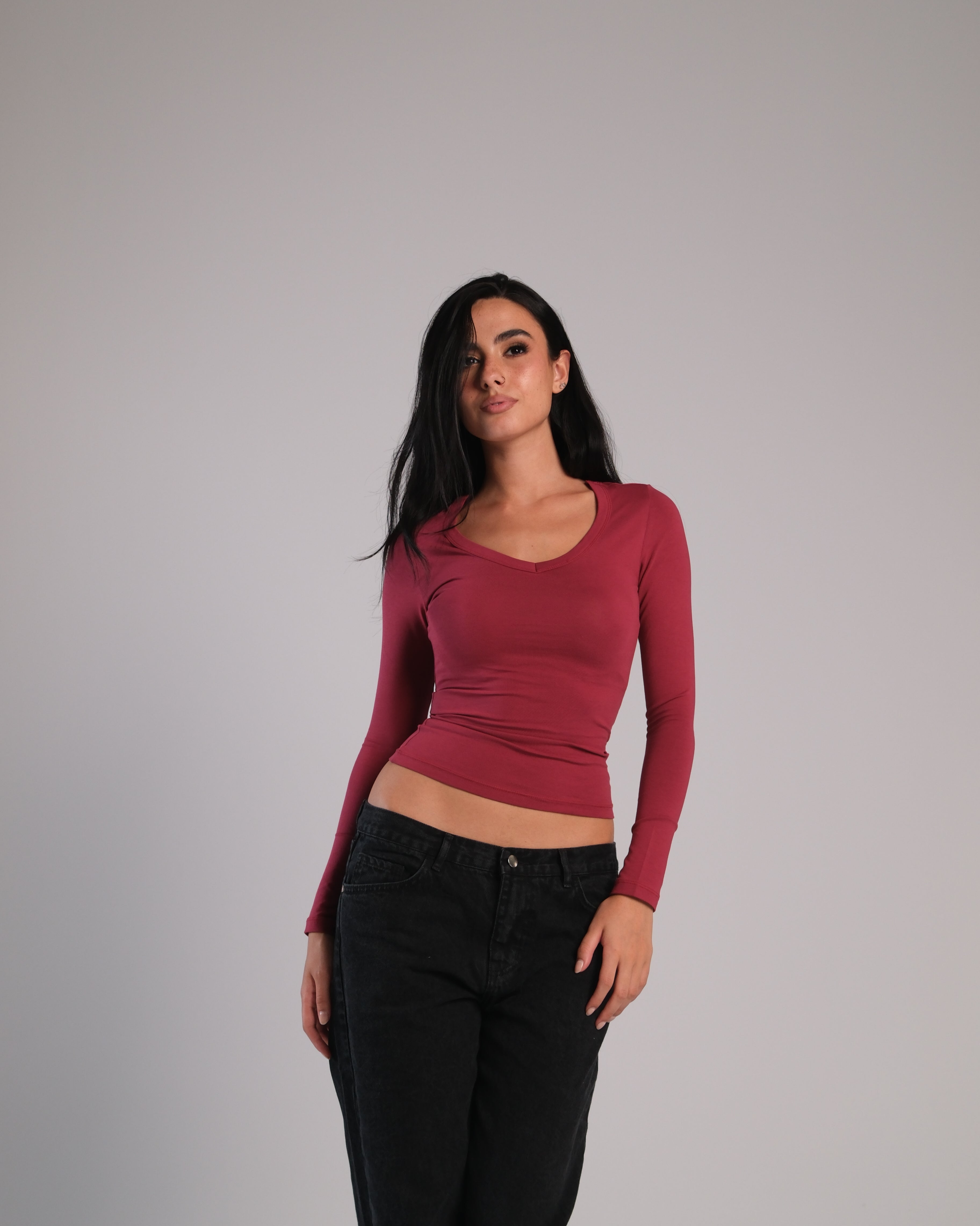 V Neck Long Sleeve Contour Top