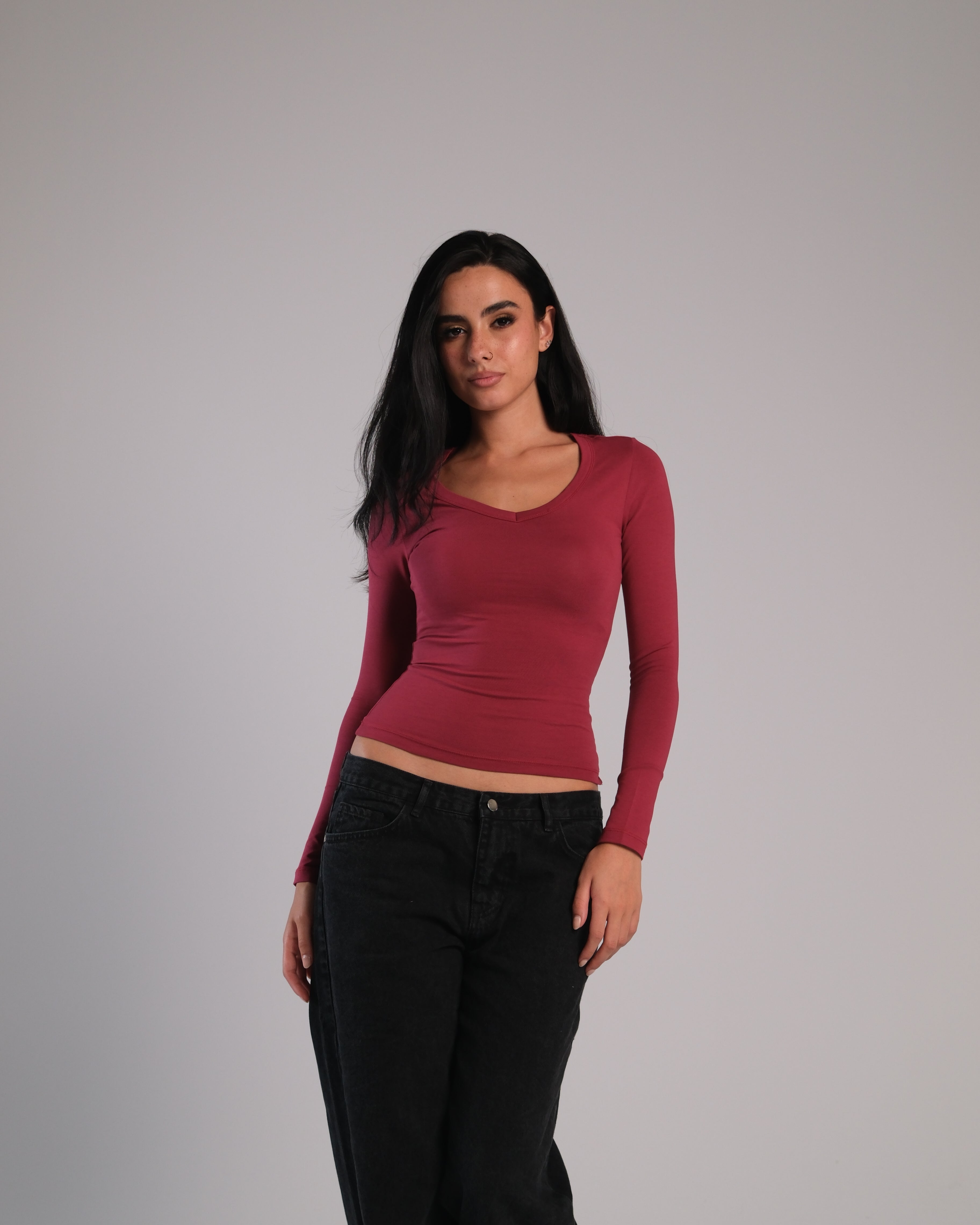 V Neck Long Sleeve Contour Top