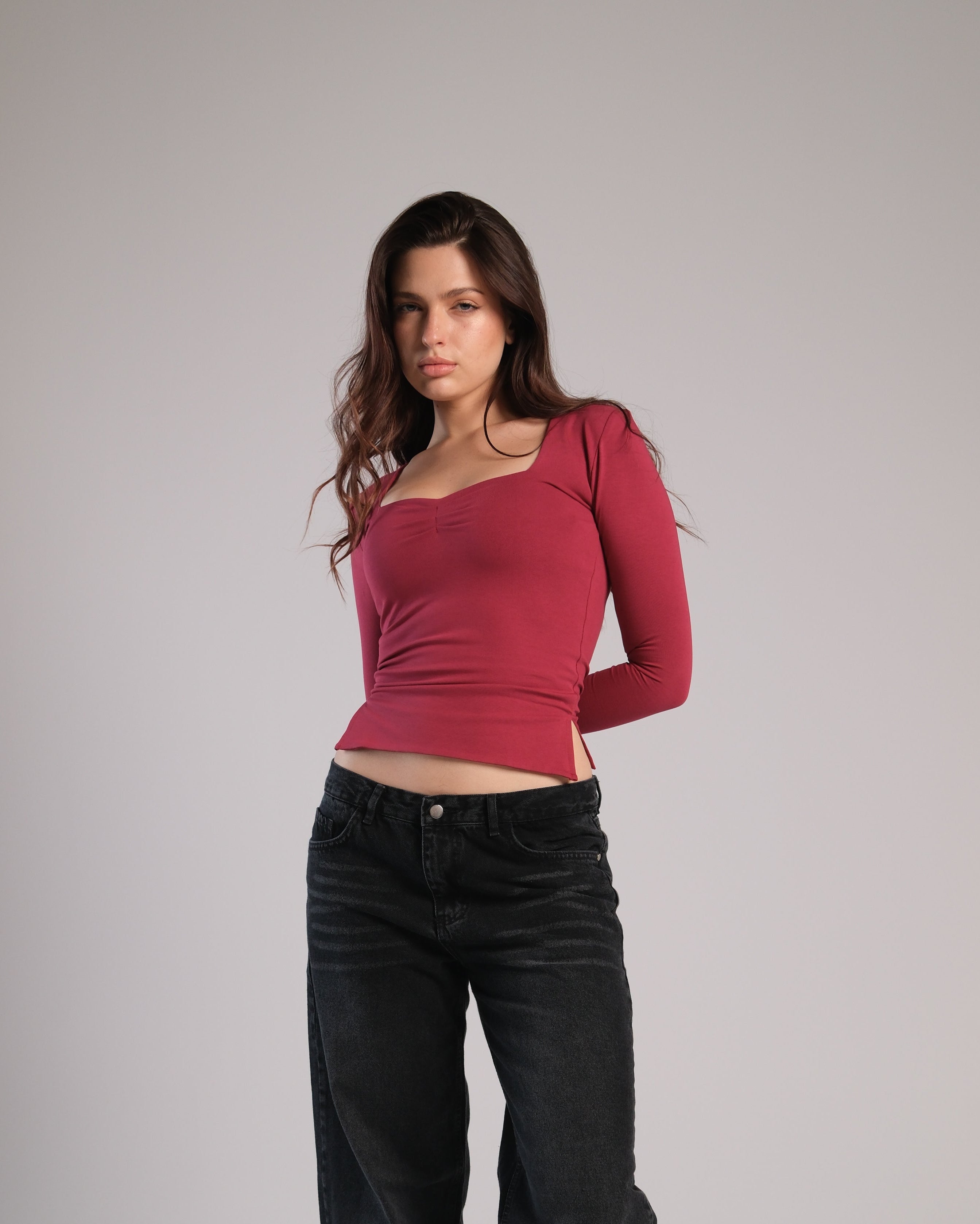 Heart Neckline Long Sleeve Contour Top