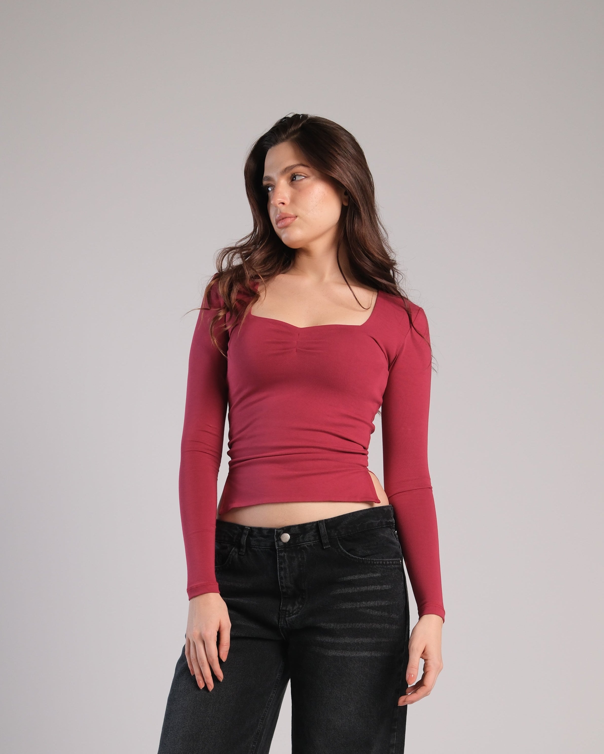 Heart Neckline Long Sleeve Contour Top