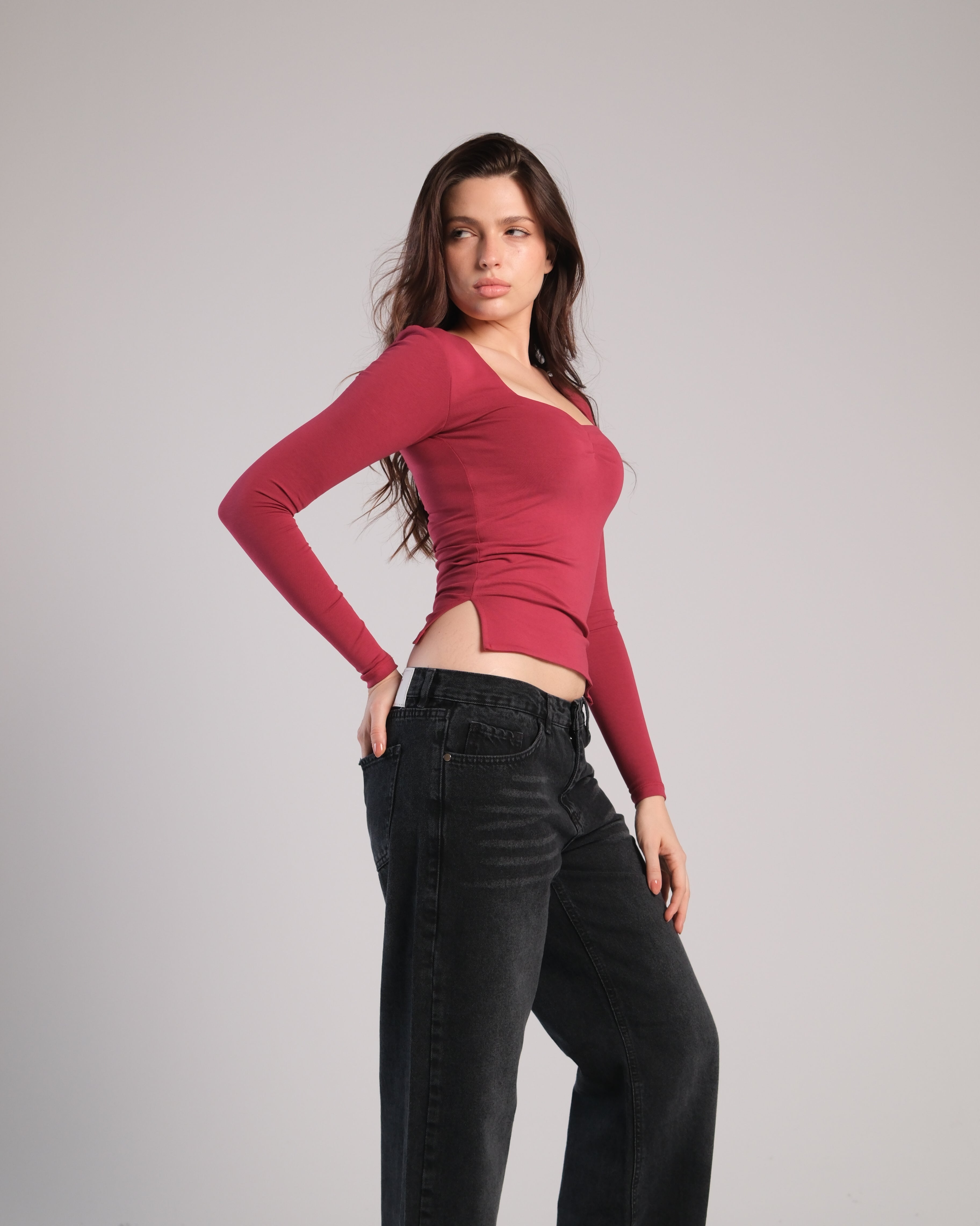 Heart Neckline Long Sleeve Contour Top