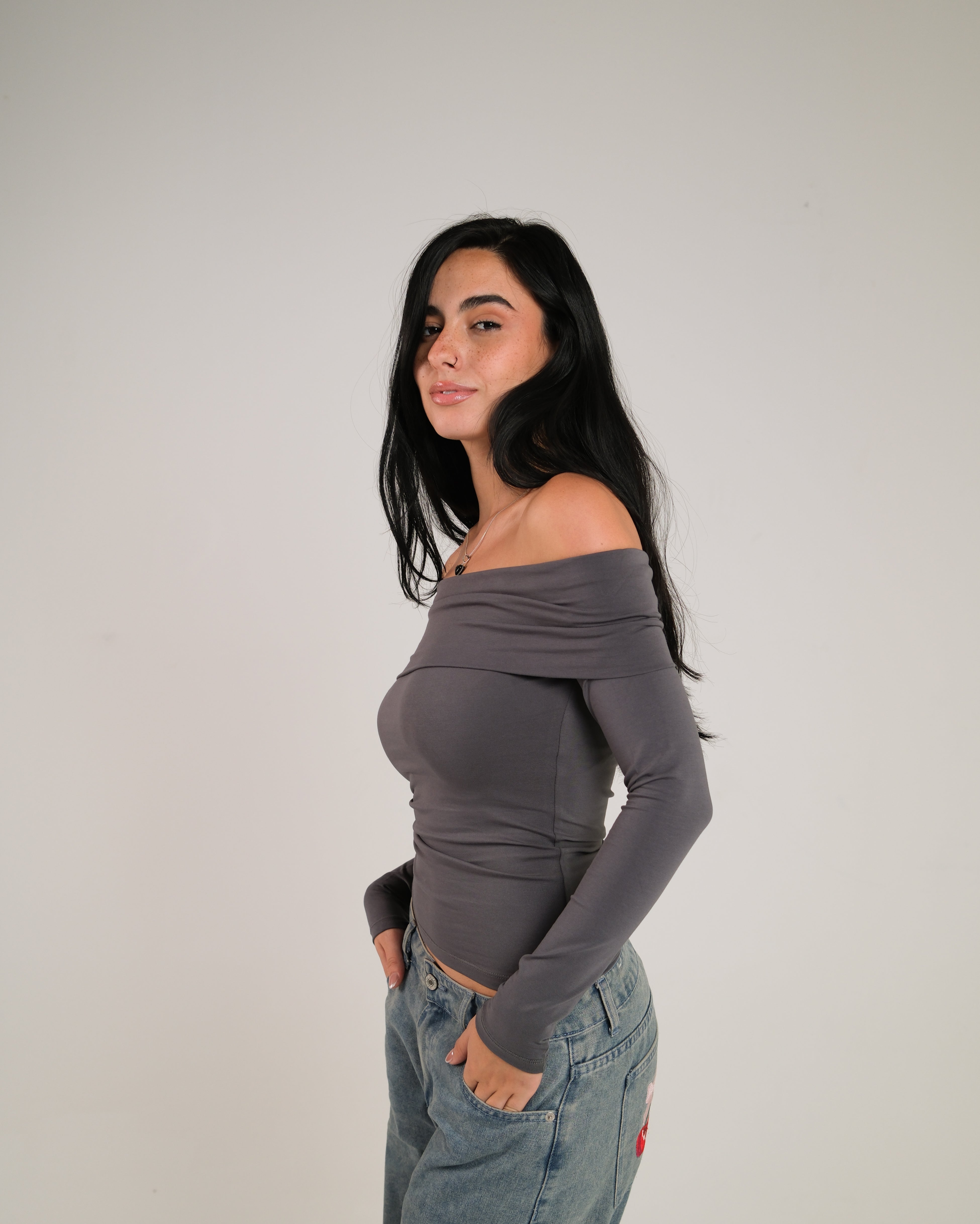 Off Shoulder Long Sleeve Contour Top