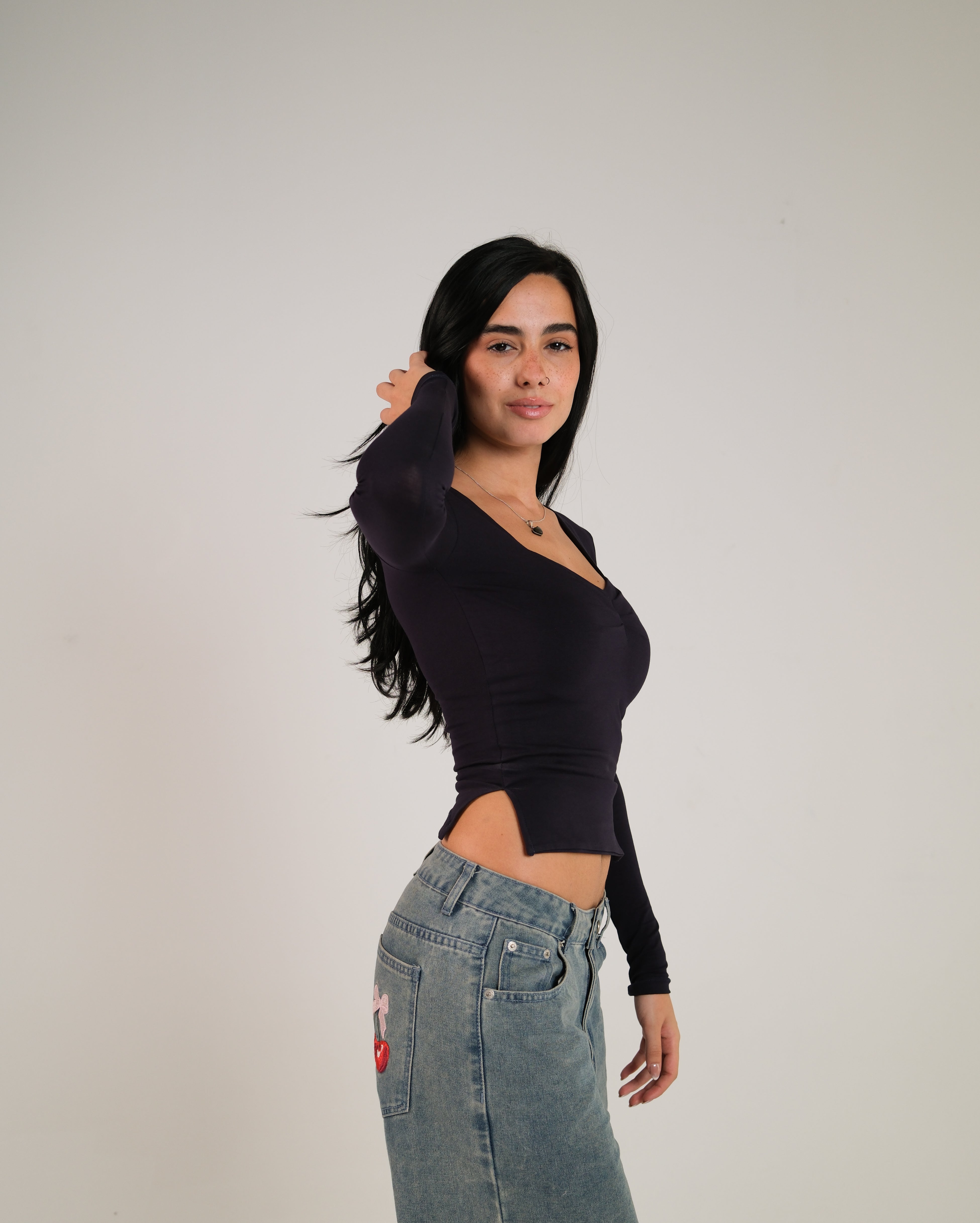 Heart Neckline Long Sleeve Contour Top