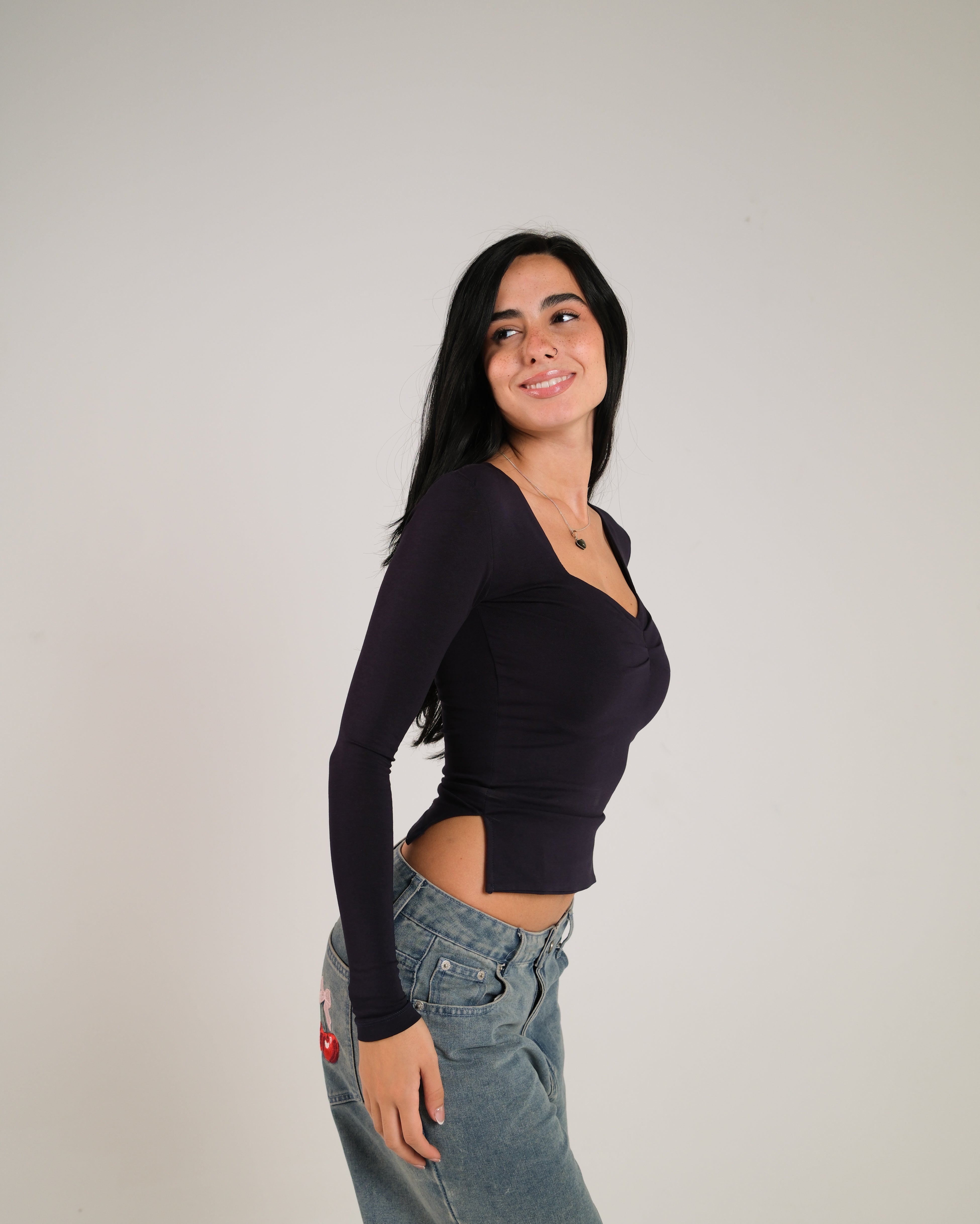 Heart Neckline Long Sleeve Contour Top