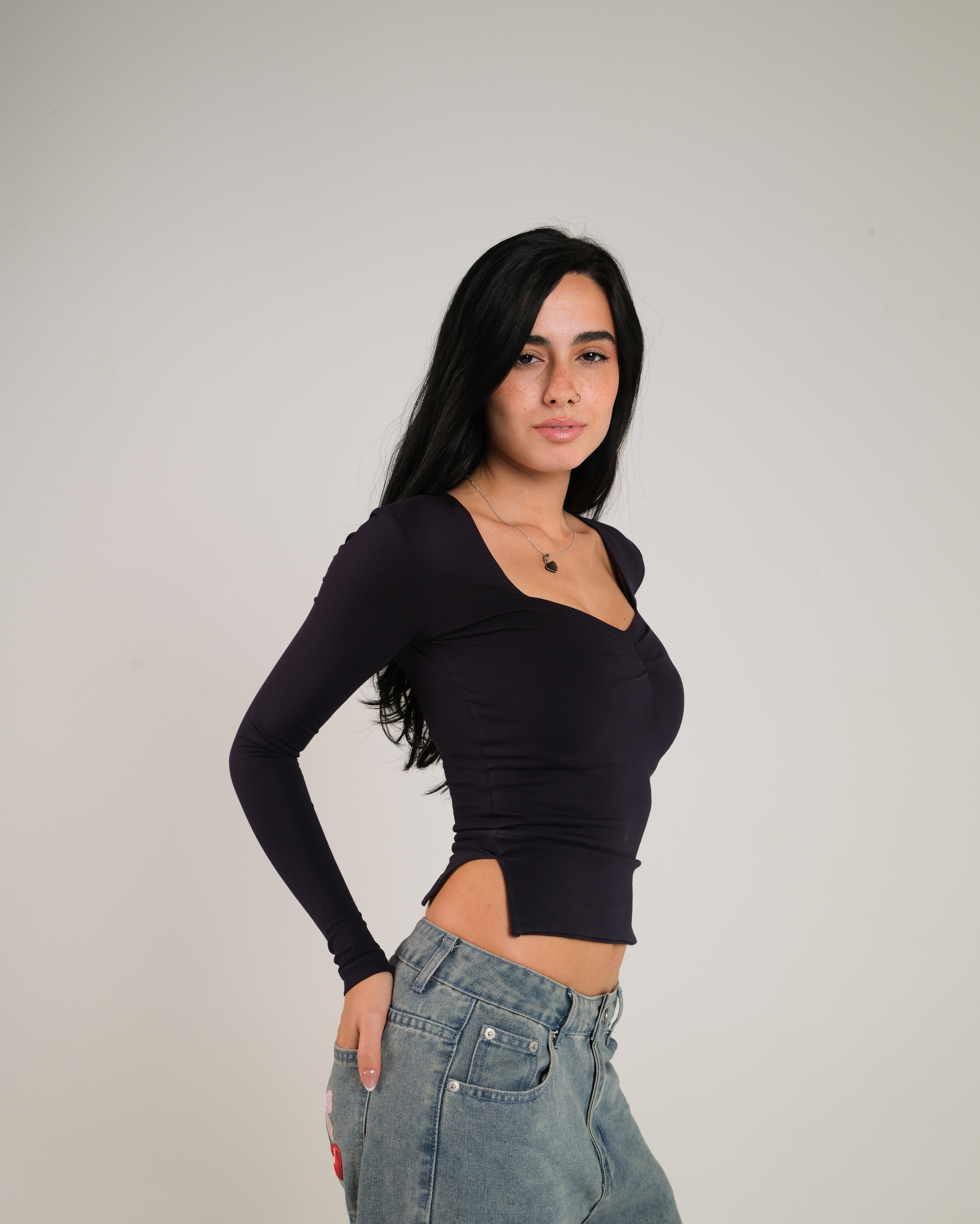 Heart Neckline Long Sleeve Contour Top