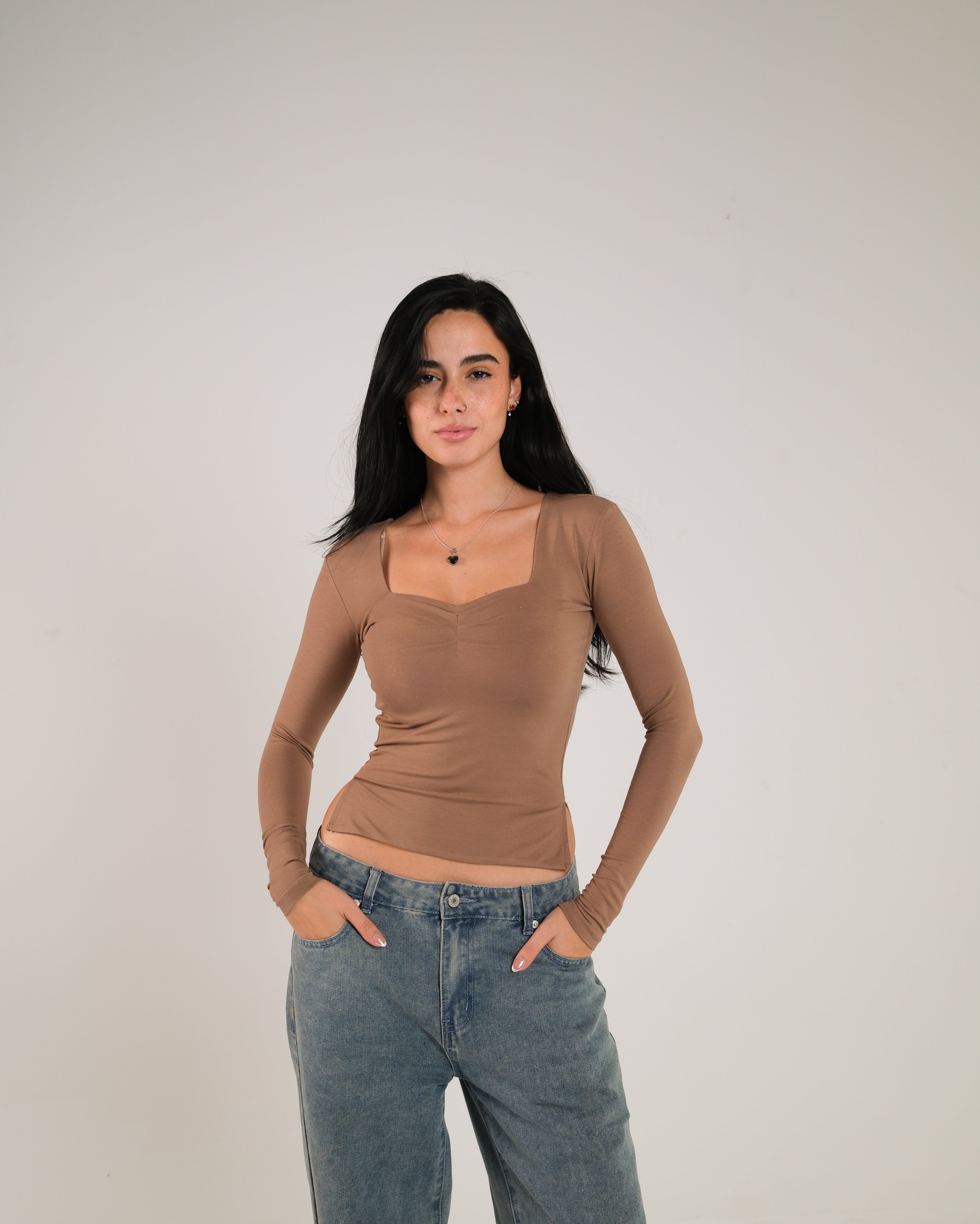 Heart Neckline Long Sleeve Contour Top