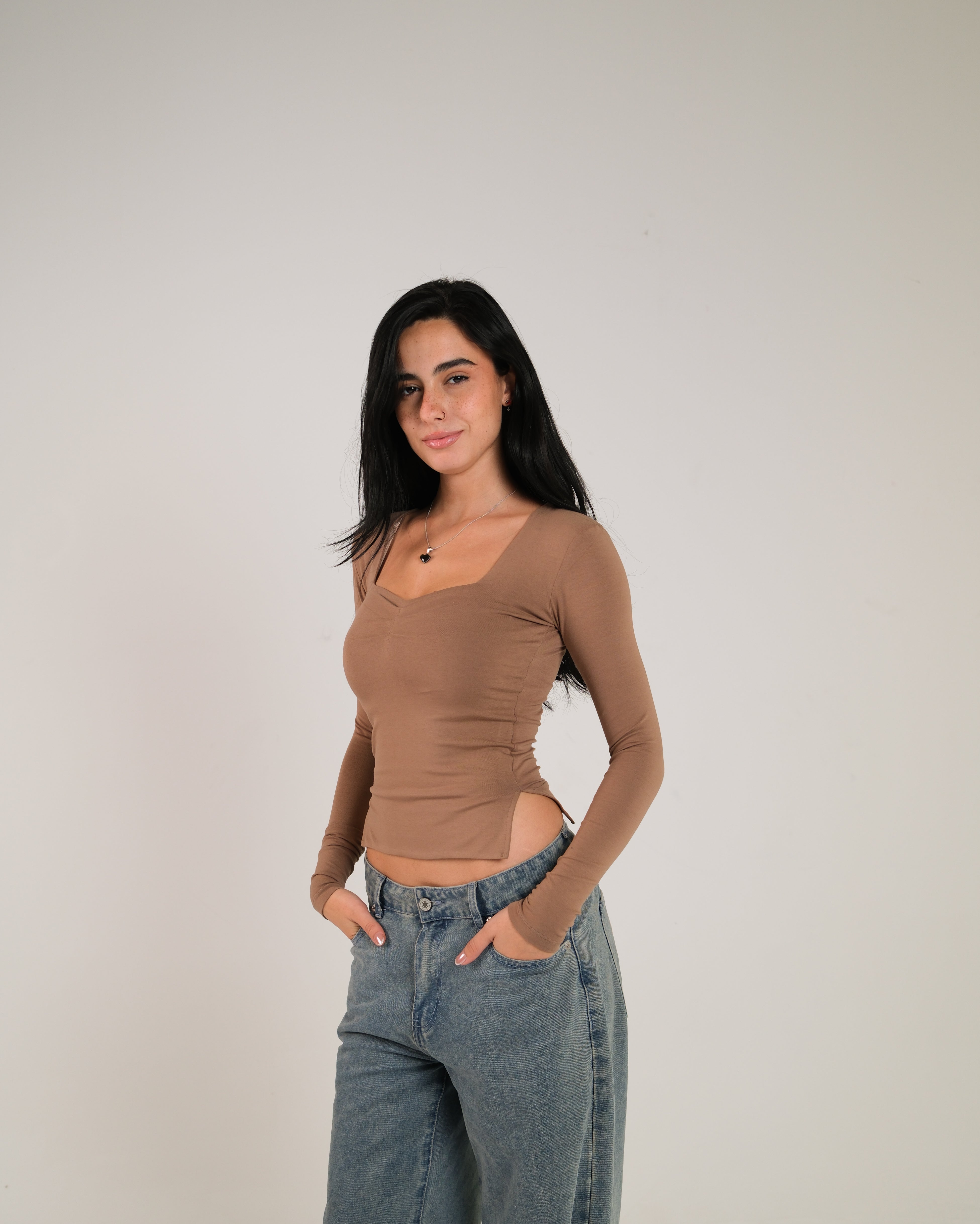 Heart Neckline Long Sleeve Contour Top
