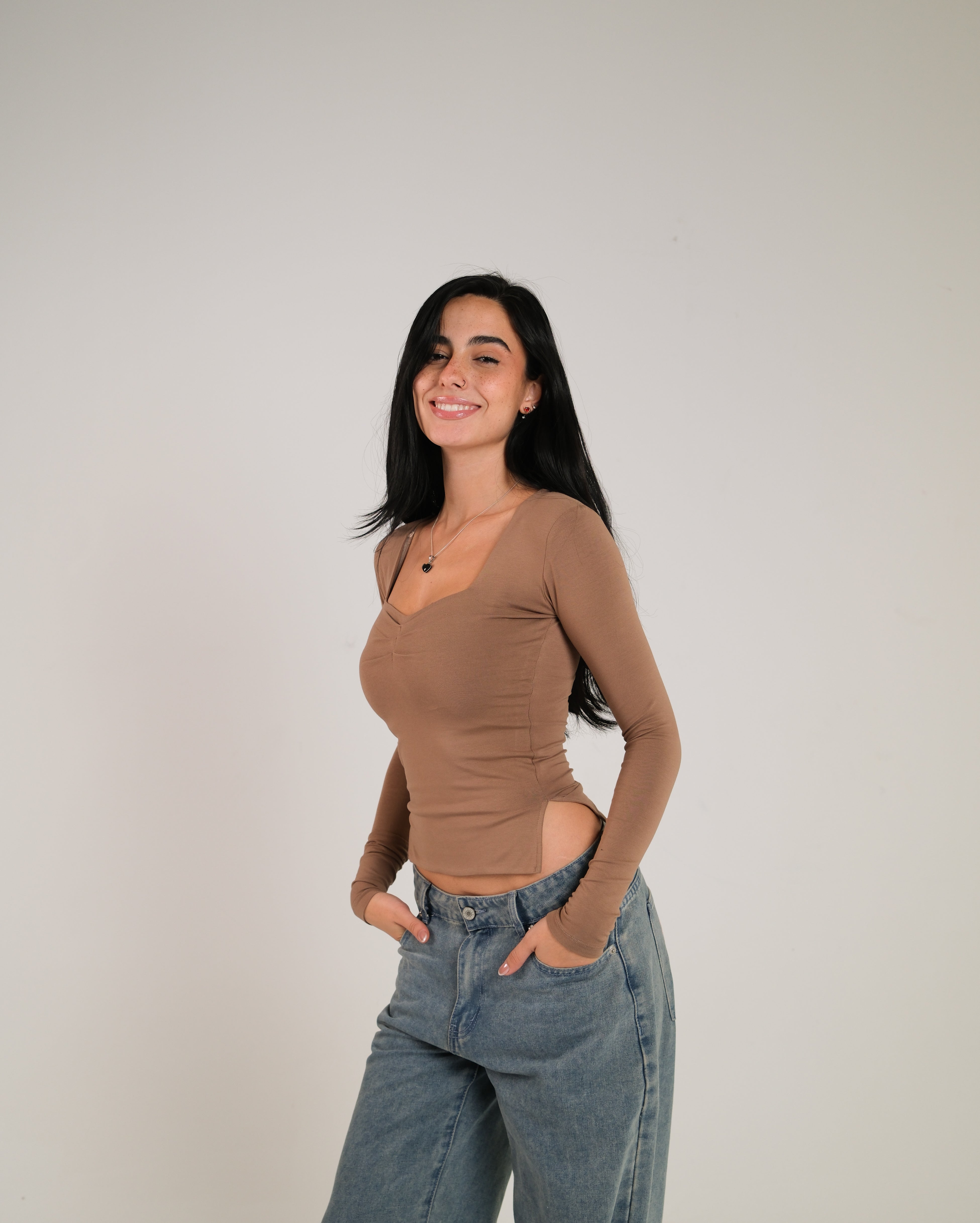 Heart Neckline Long Sleeve Contour Top