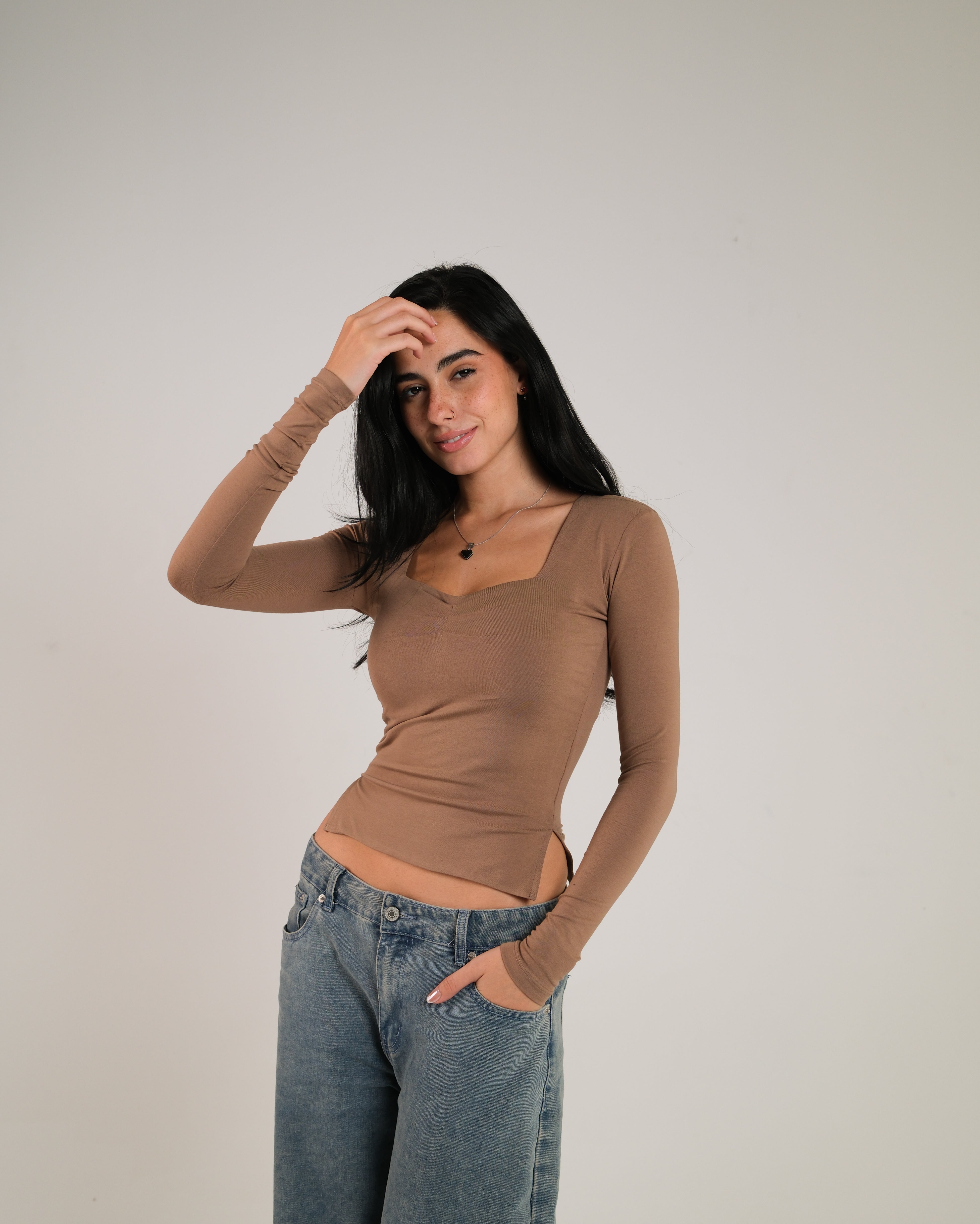 Heart Neckline Long Sleeve Contour Top
