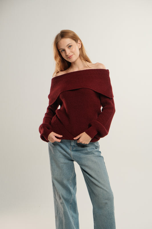 Burgundy Off the Shoulder Sweater