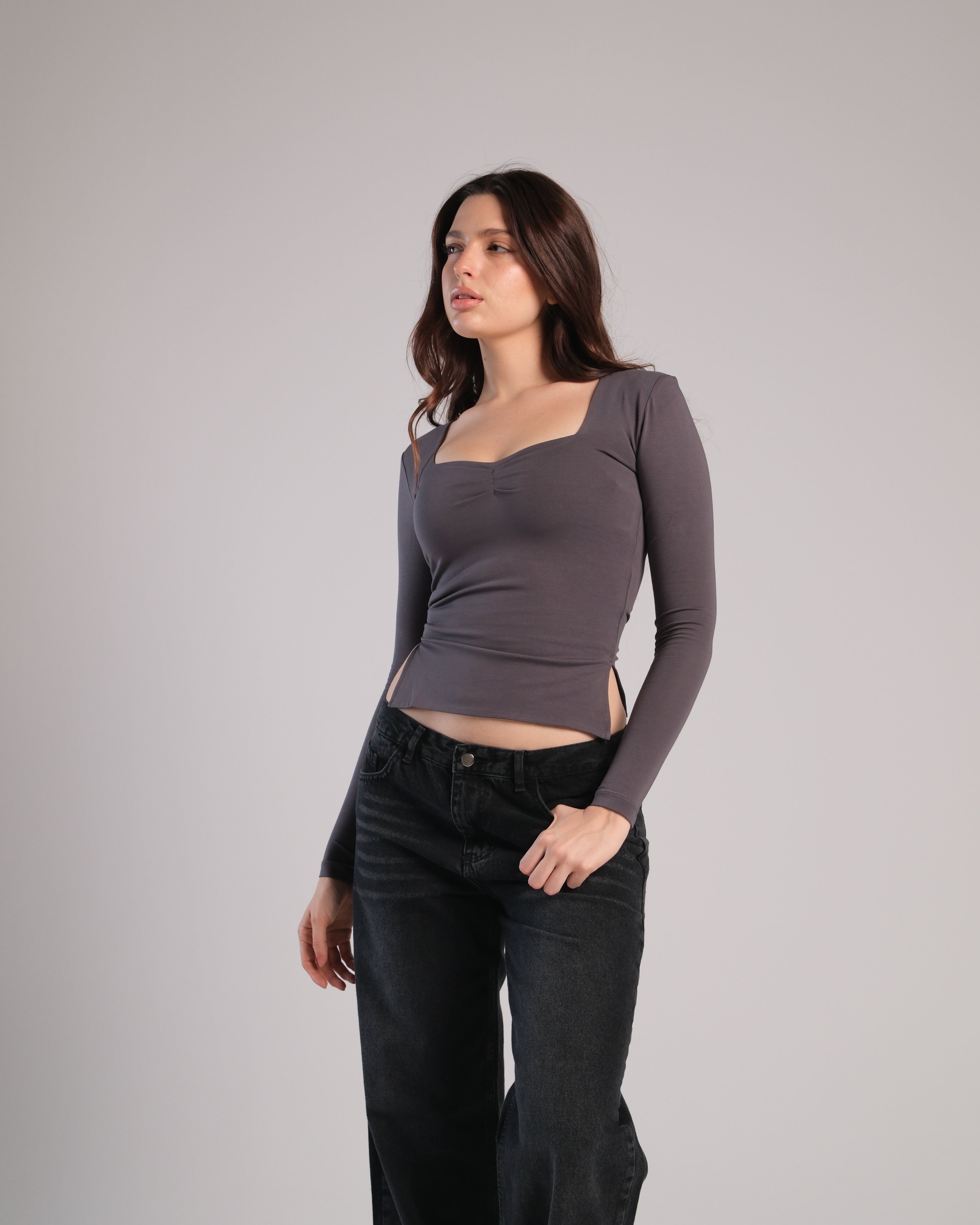 Heart Neckline Long Sleeve Contour Top