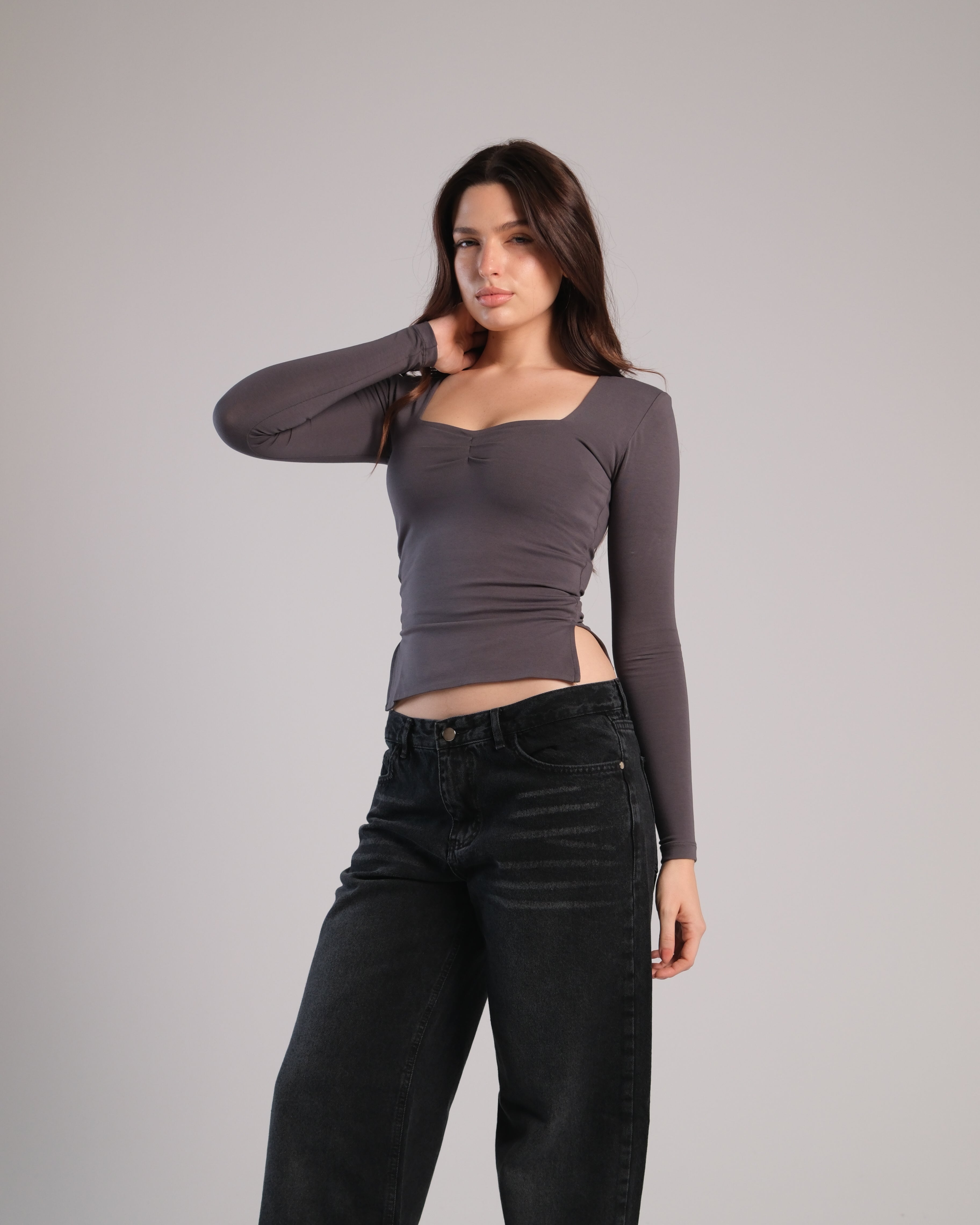 Heart Neckline Long Sleeve Contour Top